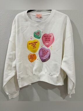Poppy & Pine White Crewneck Valentine’s Love Scripture Hearts Sweatshirt L-XL